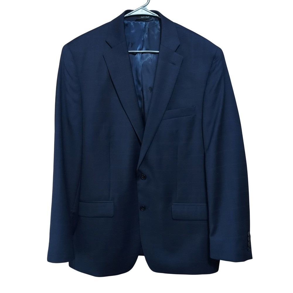 Lauren Ralph Lauren Mens 44L Navy Blue Windowpane Wool Blend Blazer Suit Jacket